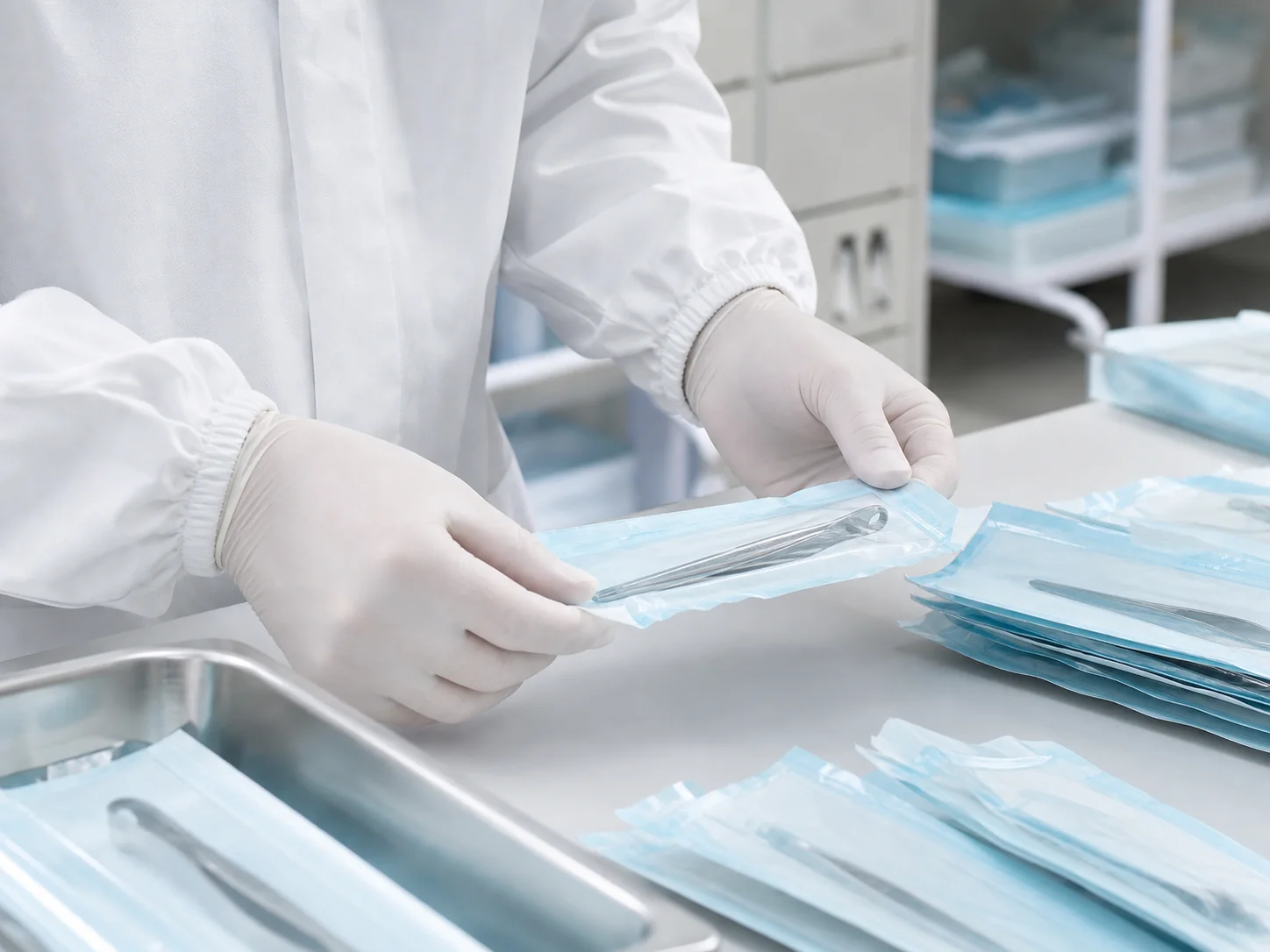 Illustrative quality inspection of sealed sterile medical packaging by gloved hands